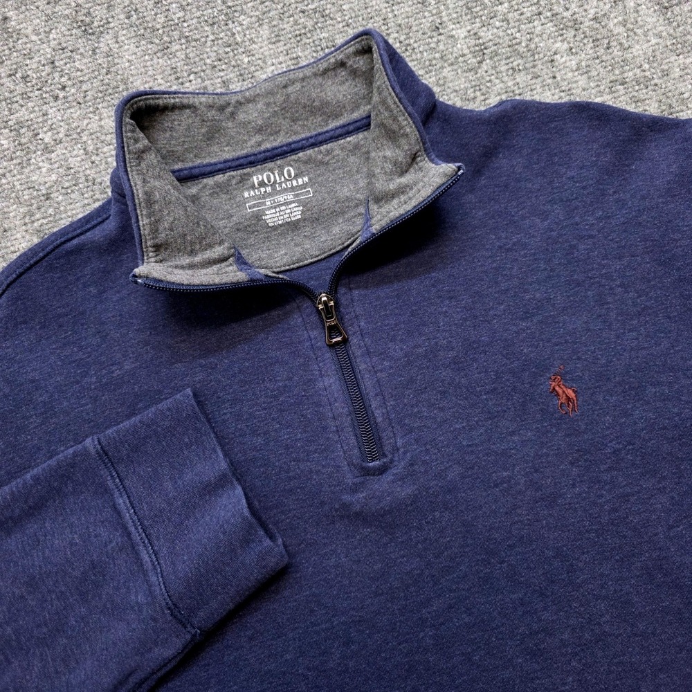 Polo Ralph Lauren Men Medium Navy Blue Heather Quarter Zip Pullover Sweater Pony